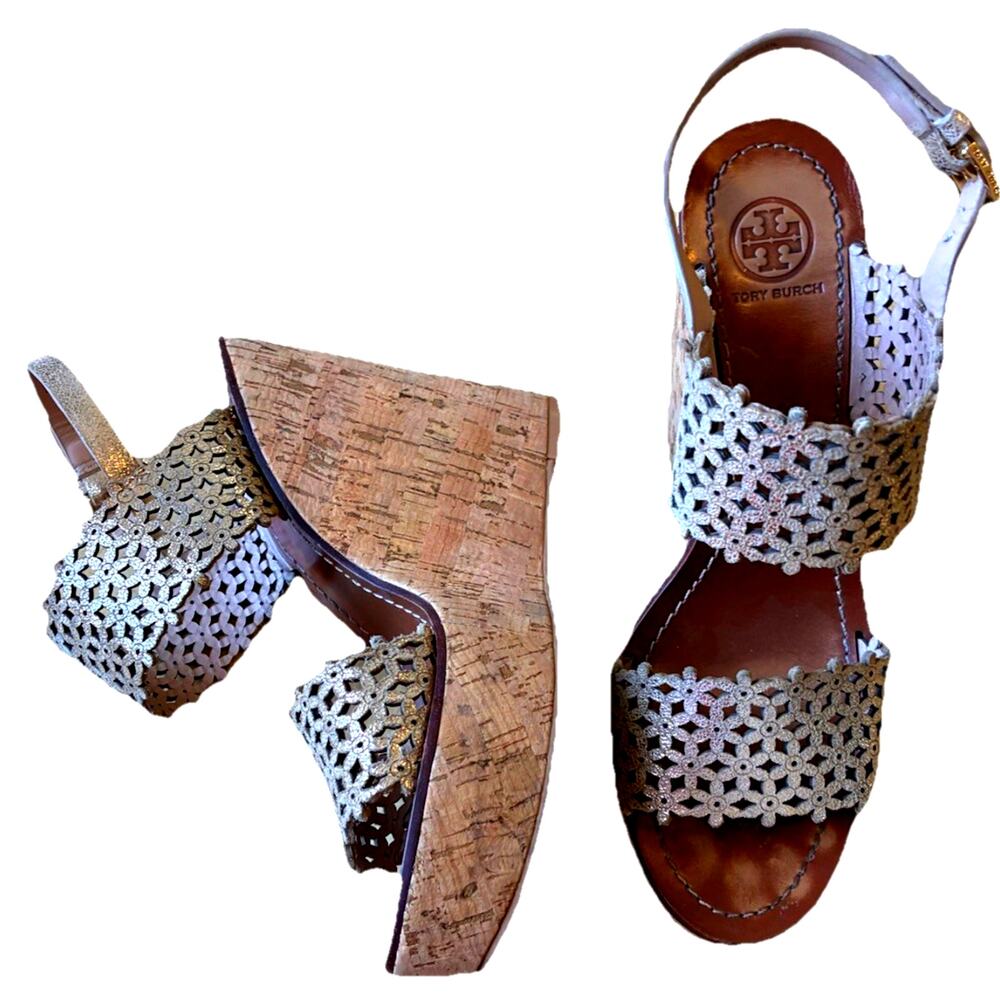 Tory Burch Wedge Sandals Womens 10 Gold Tan Laser-Cut Slingback Cork Platform
